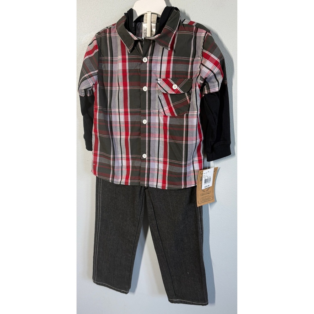 NWT Little Rebels Boys Outfit 4T Black Red Plaid Hooded Shirt Denim Pants Set